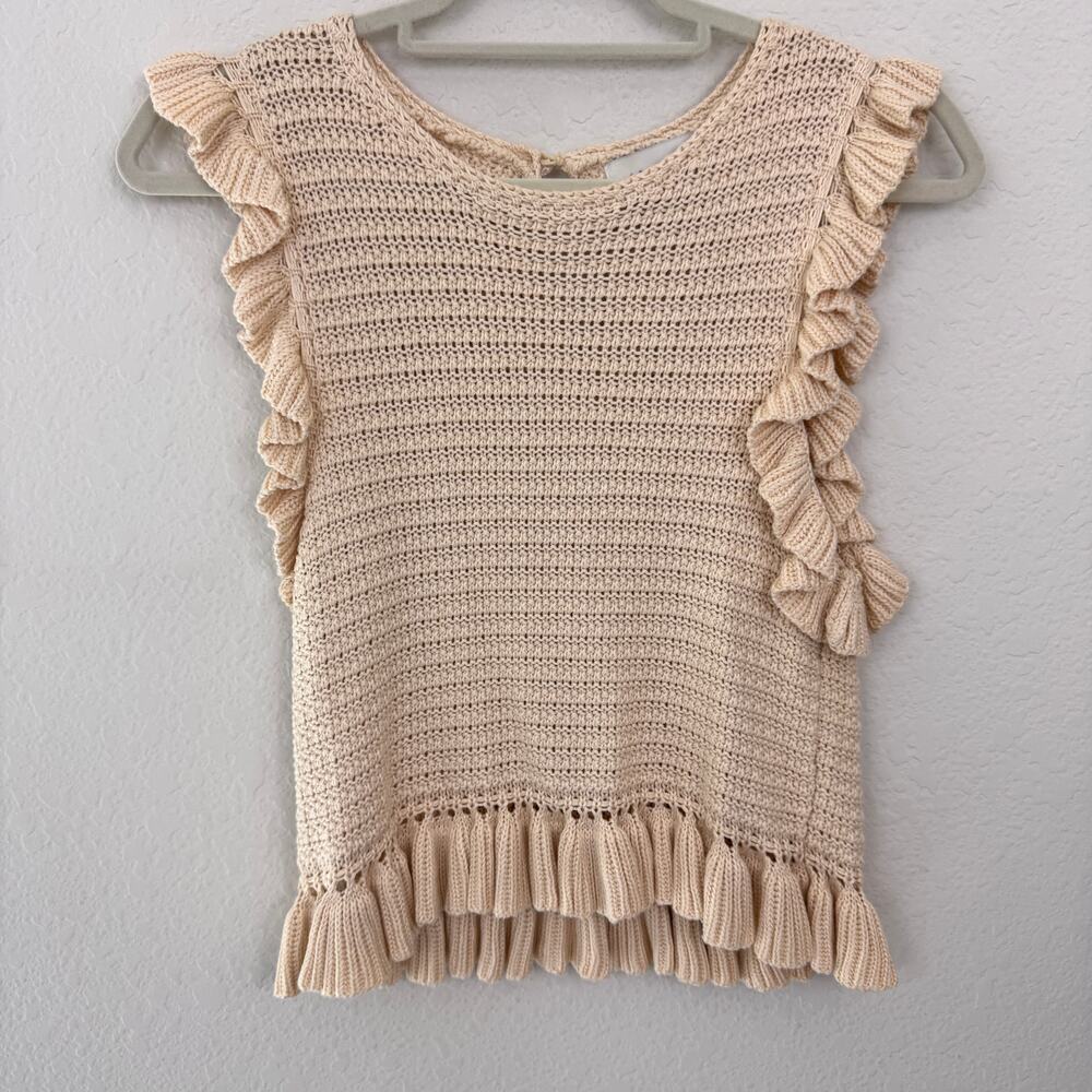 Luminary Collection Womens Knit Sleeveless Top Size S Ruffle Bringe Boho Neutral